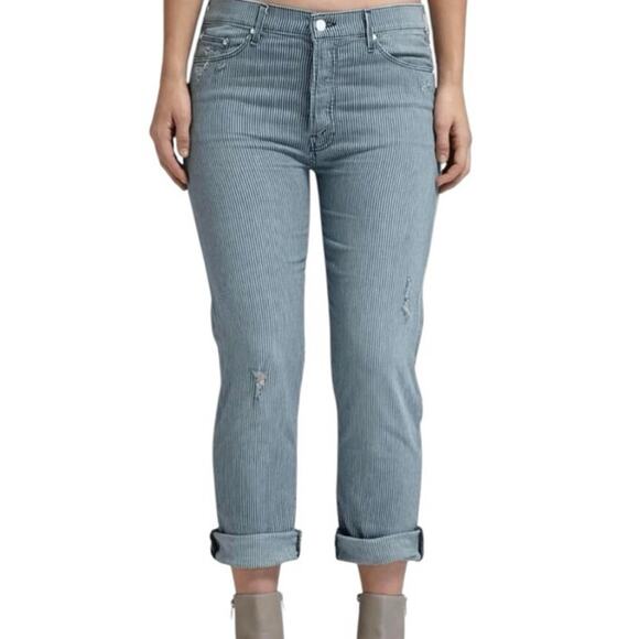 MOTHER The Vagabond Crop Jeans - On The Road Destroy Size 28 Blue white stripe - Picture 1 of 11